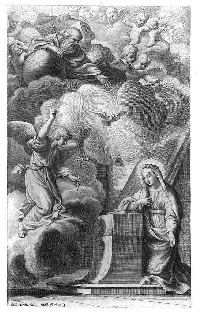 Annunciazione (stampa, elemento d'insieme) di Vallet Guillaume, Courtois Jacques detto Bergognone (sec. XVII)