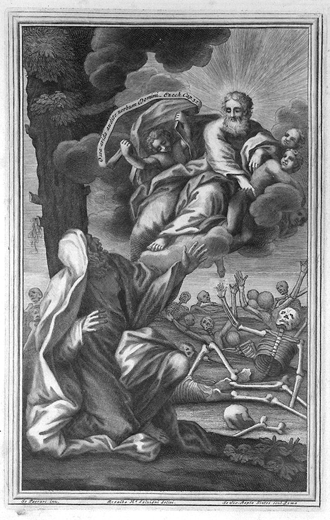 Ezechiele ha la visione della valle delle ossa inaridite (stampa, elemento d'insieme) di Sintes Giovanni Battista, Salvioni Rosalba Maria, Passeri Giuseppe (sec. XVIII)
