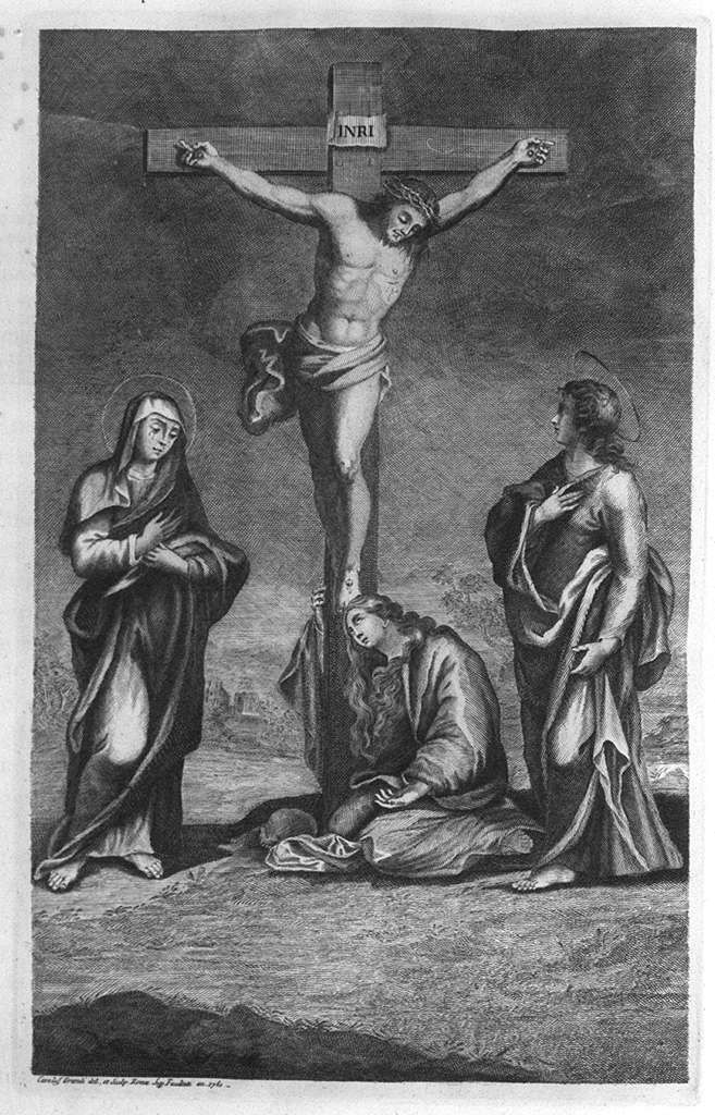 crocifissione di Cristo con la Madonna, San Giovanni Evangelista e Santa Maria Maddalena (stampa, elemento d'insieme) di Grandi Carlo (sec. XVIII)