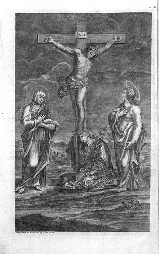 Cristo crocifisso con la Madonna, Santa Maria Maddalena e San Giovanni Evangelista (stampa, elemento d'insieme) di Grandi Carlo (sec. XVIII)