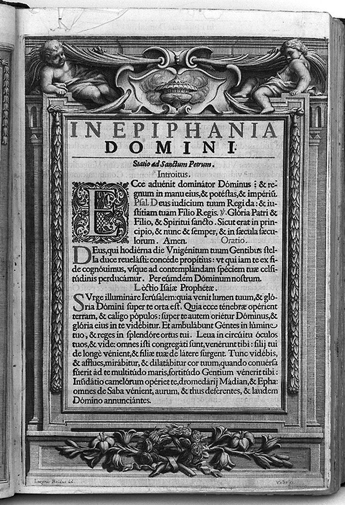 cornice architettonica con vaso tra putti e ghirlanda di fiori (stampa, serie) di Vallet Guillaume, Baldi Lazzaro (sec. XVII)