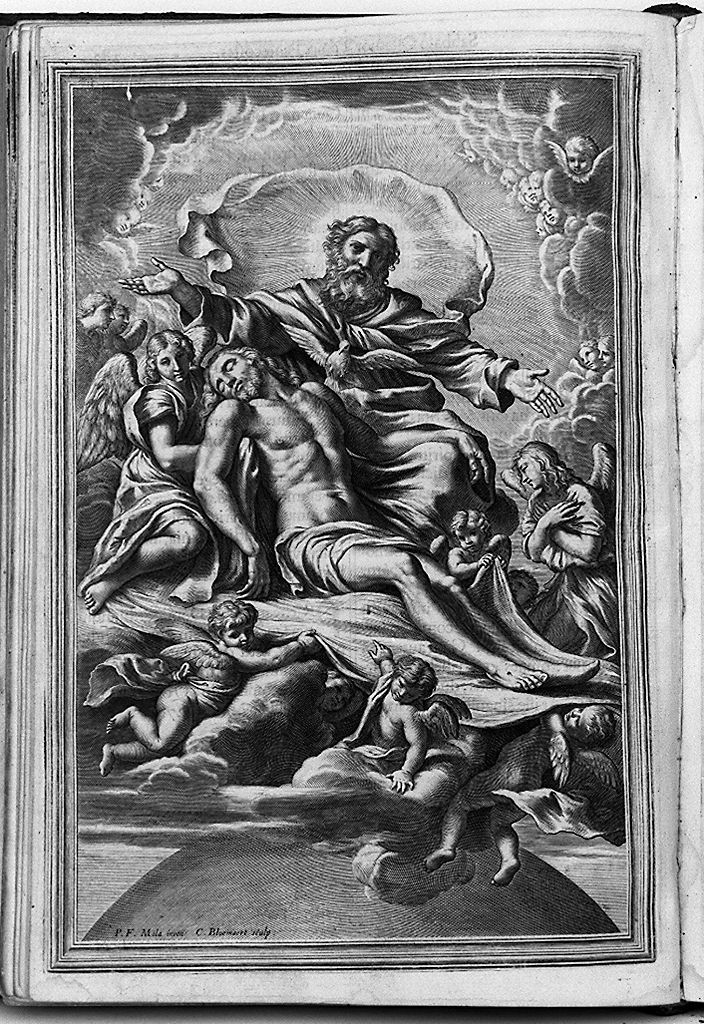 Dio Padre che sostiene il corpo di Cristo e colomba dello Spirito Santo (stampa, elemento d'insieme) di Bloemaert Cornelis il Giovane, Mola Pier Francesco (sec. XVII)