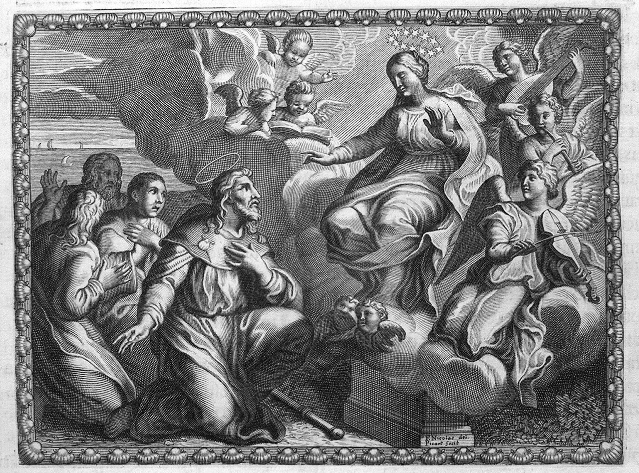 apparizione della Madonna su una colonna a San Giacomo il Maggiore (stampa, elemento d'insieme) di Picart Etienne, Lorrain Nicolas François (sec. XVII)