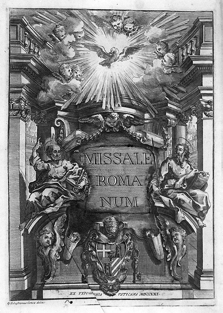 stemma papale di Clemente XIII tra San Pietro e San Paolo (stampa, elemento d'insieme) di Conca Sebastiano (sec. XVIII)