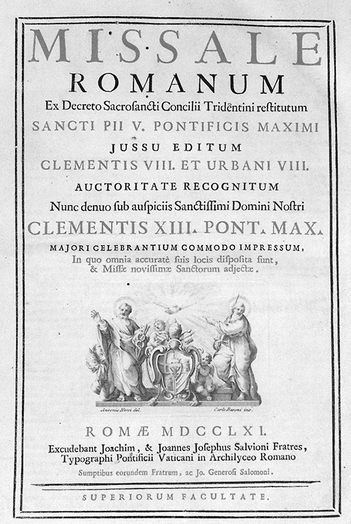 stemma papale di Clemente XIII tra San Pietro e San Paolo (stampa, elemento d'insieme) di Baroni Carlo, Nessi Antonio (sec. XVIII)