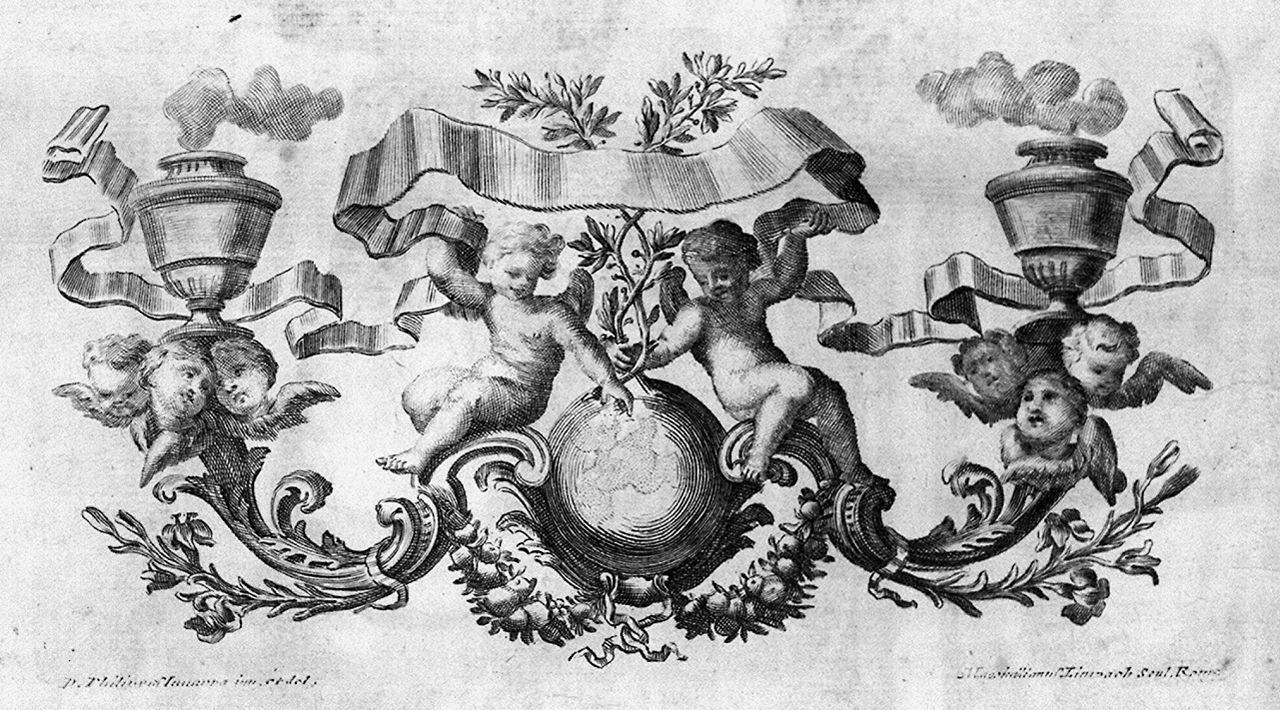 angioletti reggicartiglio sul globo tra ghirlande di frutta (stampa, elemento d'insieme) di Limpach Maximilian Joseph, Juvarra Filippo (sec. XVIII)