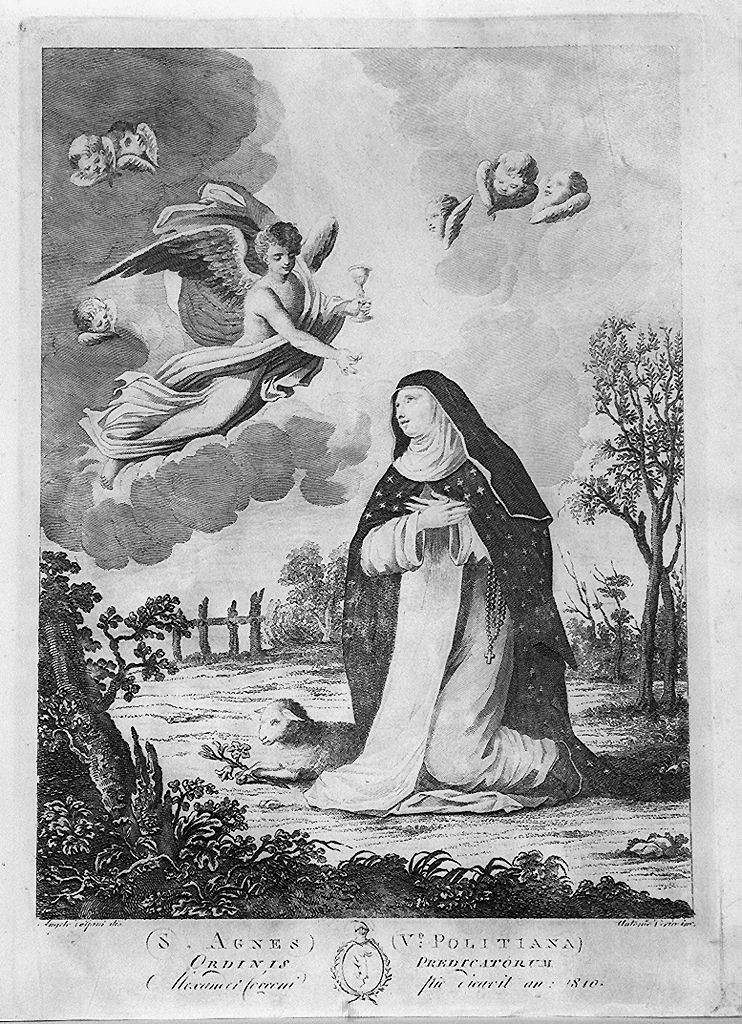 Sant'Agnese da Montepulciano riceve l'ostia consacrata da un angelo (stampa) di Verico Antonio, Volpini Angelo (sec. XIX)