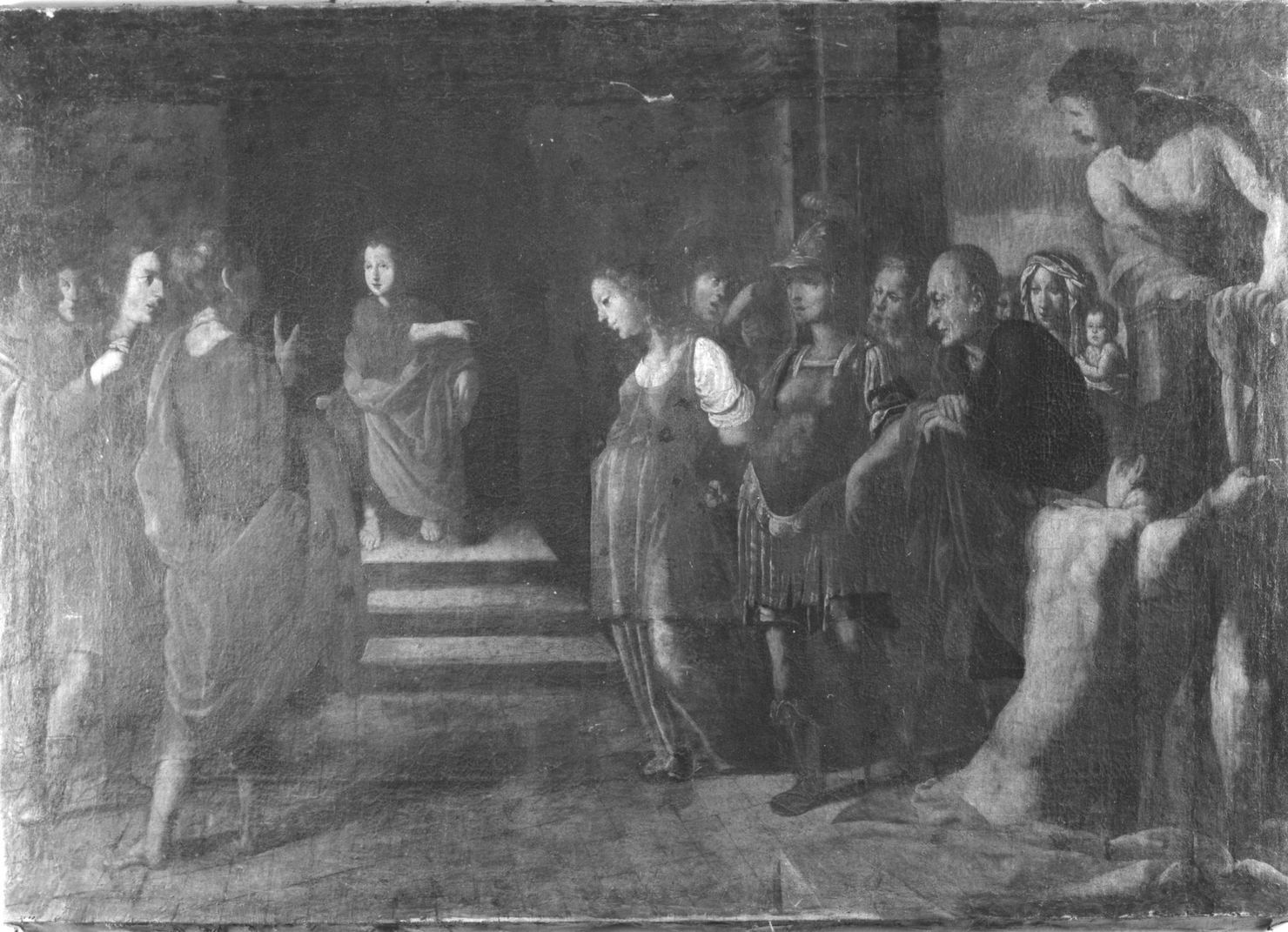 fanciullo che indica una donna prigioniera tra la folla (dipinto, opera isolata) di Casolani Alessandro (fine/inizio secc. XVI/ XVII)