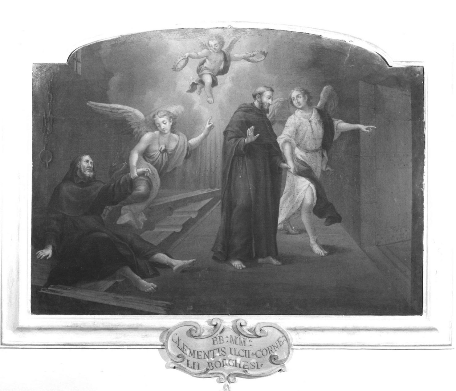 Clementi d'Elci e Cornelio Borghesi liberati del carcere (dipinto, ciclo) di Feliciati Francesco (bottega) (seconda metà sec. XVIII)