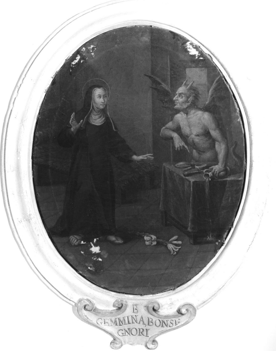 apparizione del demonio alla beata Gemmina Buonsignori (dipinto, ciclo) di Feliciati Francesco (bottega) (seconda metà sec. XVIII)