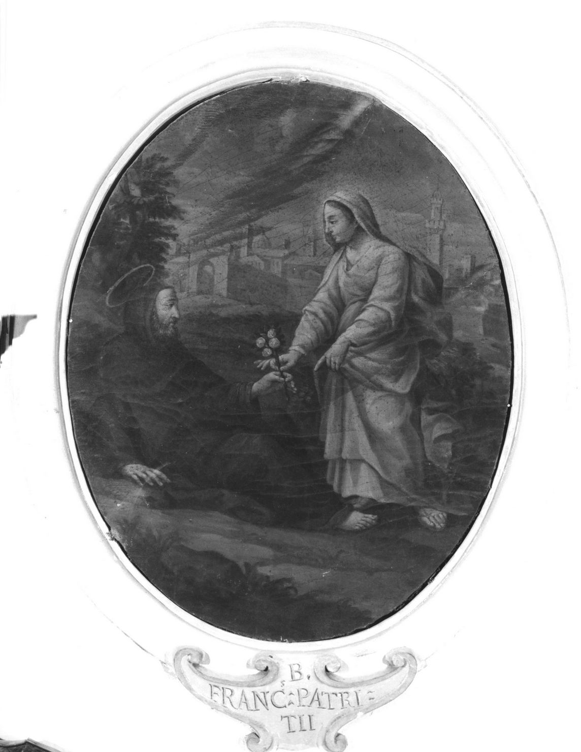 Madonna che offre un ramo di rose al beato Francesco Patrizi (dipinto, ciclo) di Feliciati Francesco (bottega) (seconda metà sec. XVIII)