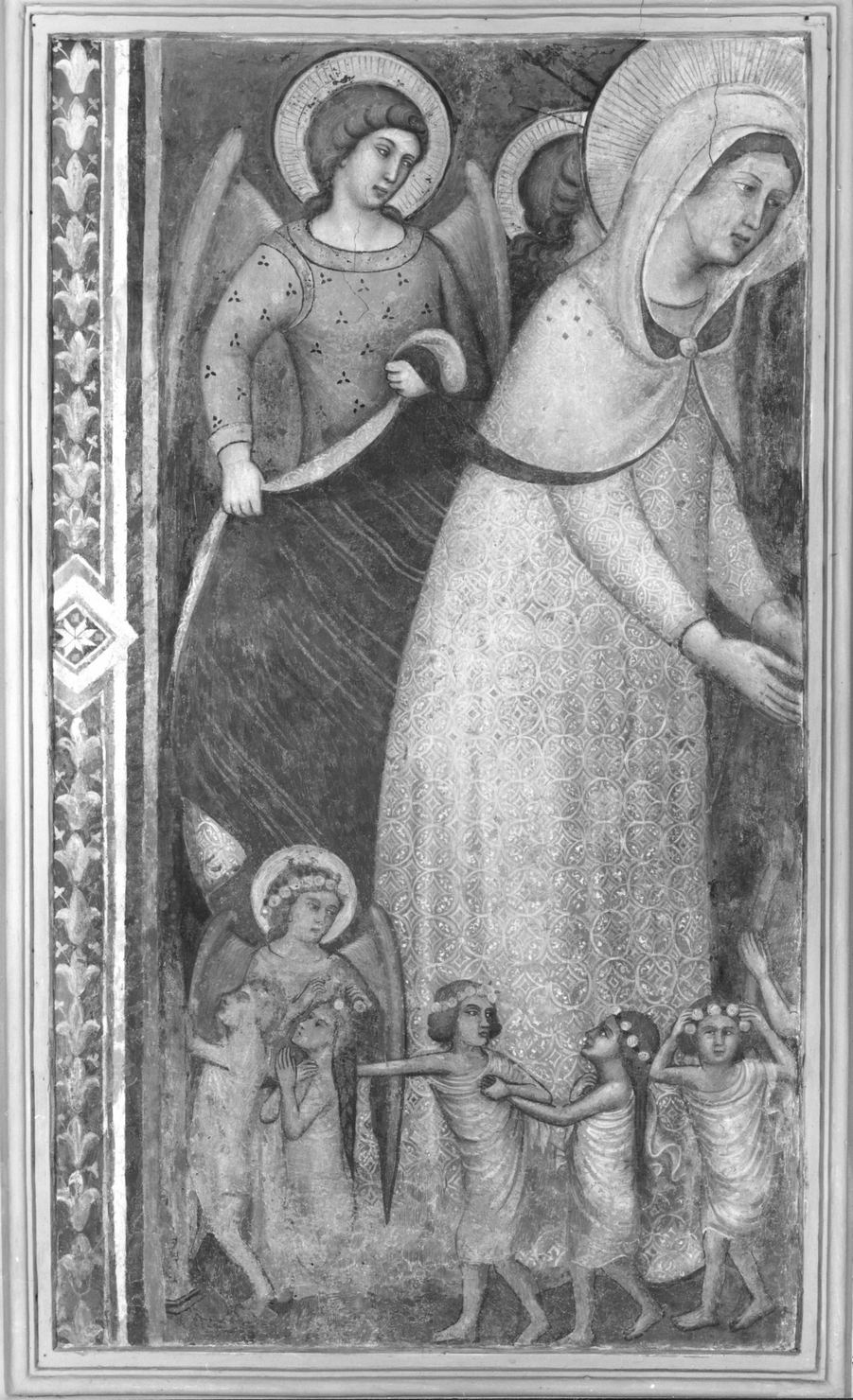 Madonna che intercede per le anime del purgatorio presso la Trinità (dipinto, frammento) - ambito senese (sec. XIV)