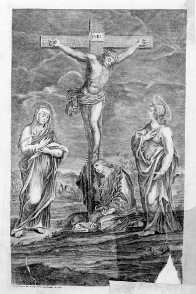 crocifissione di Cristo con la Madonna, San Giovanni Evangelista e Santa M aria Maddalena (stampa, elemento d'insieme) - ambito italiano (sec. XVIII)