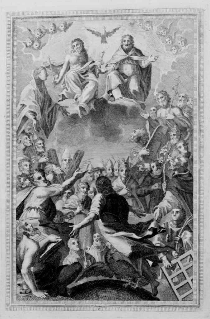 Trinità adorata dalla Madonna, da San Giovanni Battista e Santi (stampa, elemento d'insieme) - ambito romano (sec. XVIII)