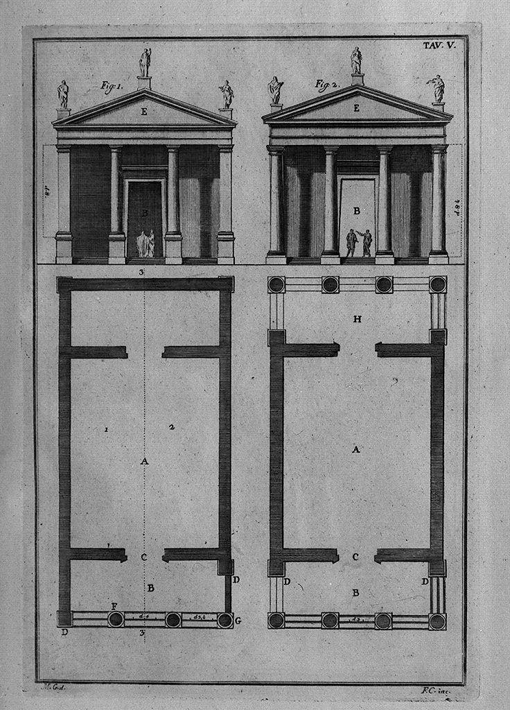 facciate e piante di templi greci (stampa, elemento d'insieme) di Cepparuli Francesco (sec. XVIII)