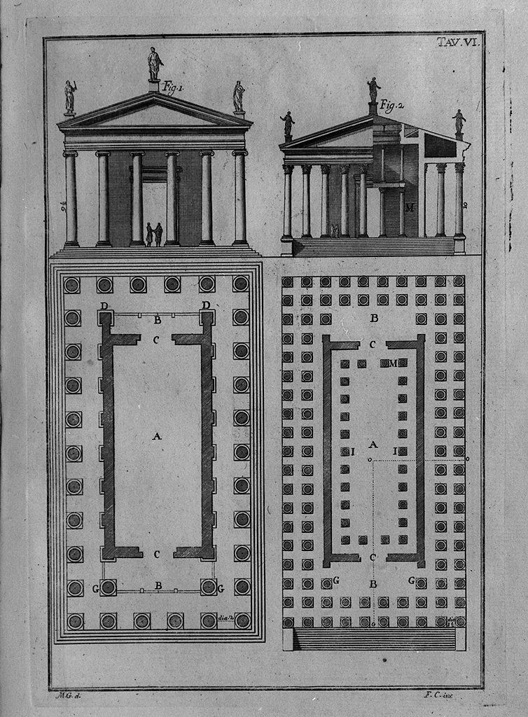 facciate e piante di templi greci (stampa, elemento d'insieme) di Cepparuli Francesco, Galiani Bernardo (sec. XVIII)