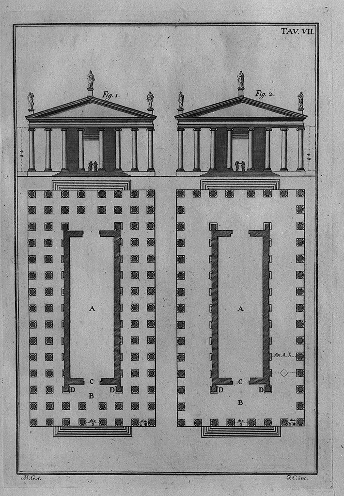 facciate e piante di templi greci (stampa, elemento d'insieme) di Cepparuli Francesco, Galiani Bernardo (sec. XVIII)