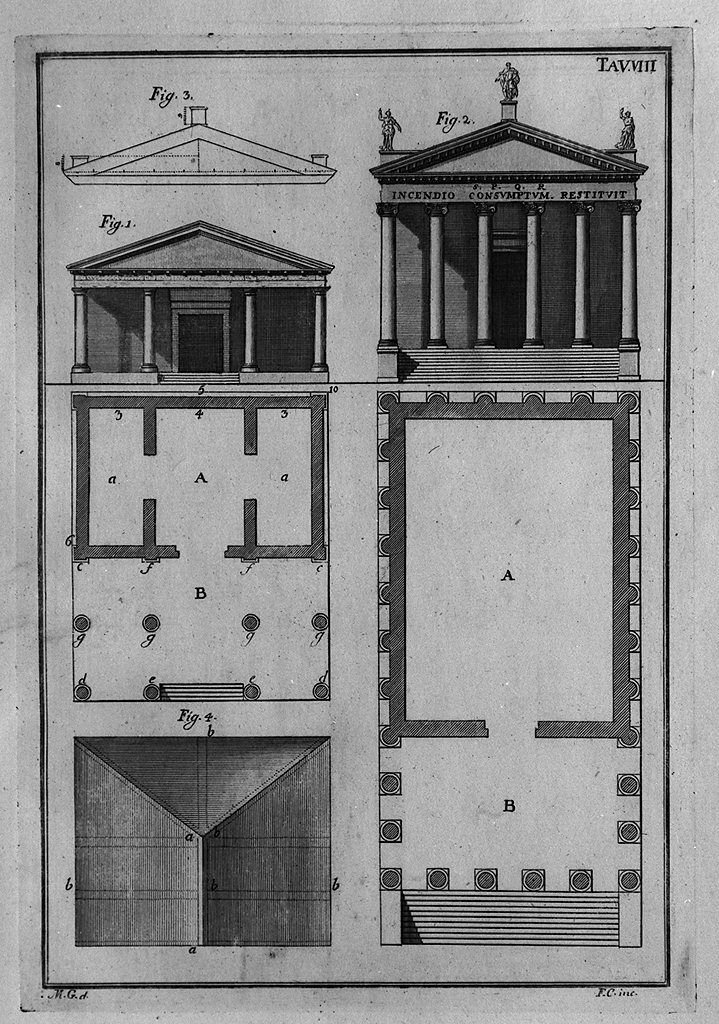 facciate e piante di templi (stampa, elemento d'insieme) di Cepparuli Francesco, Galiani Bernardo (sec. XVIII)