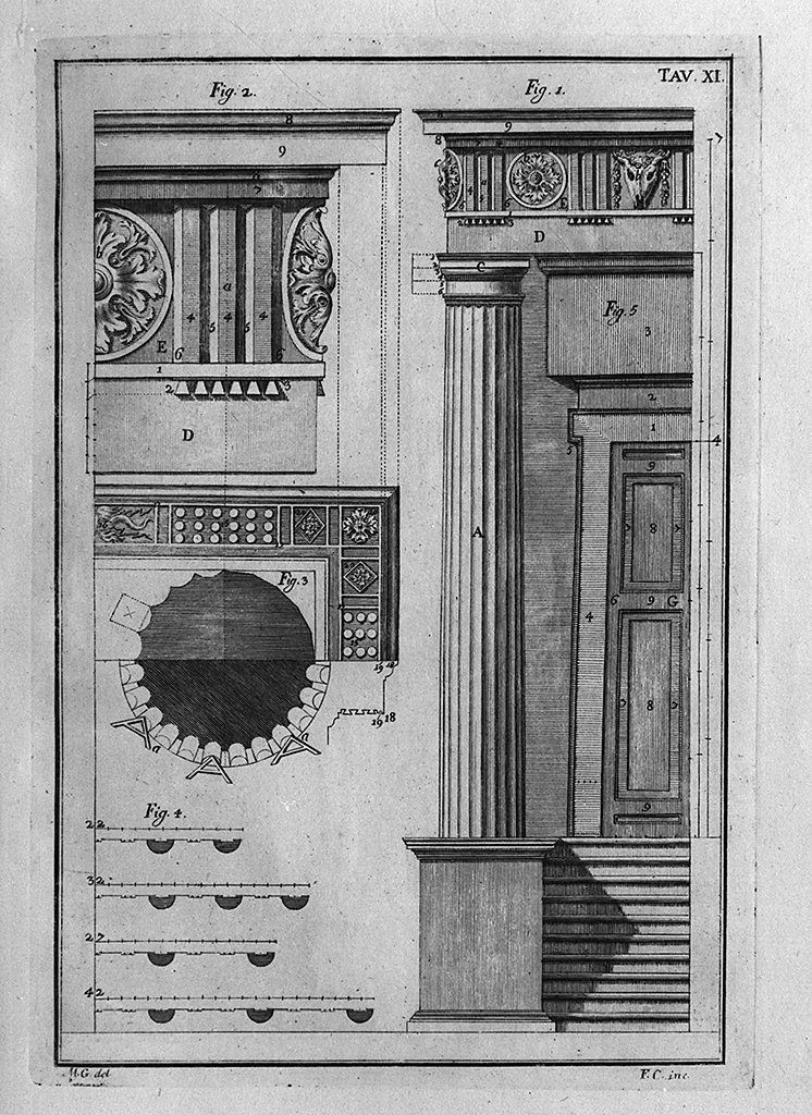 studi architettonici (stampa, elemento d'insieme) di Cepparuli Francesco, Galiani Bernardo (sec. XVIII)