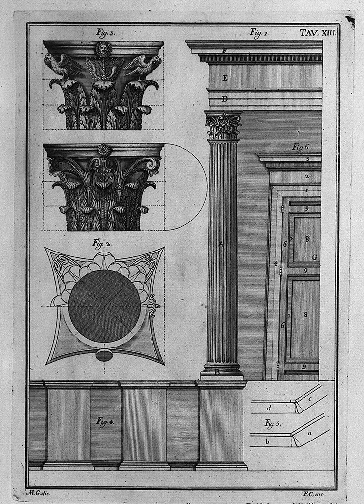 studi architettonici (stampa, elemento d'insieme) di Cepparuli Francesco, Galiani Bernardo (sec. XVIII)