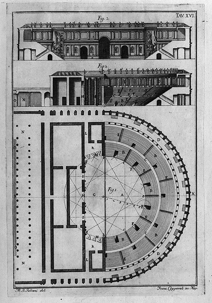 pianta del Teatro romano (stampa, elemento d'insieme) di Cepparuli Francesco, Galiani Bernardo (sec. XVIII)