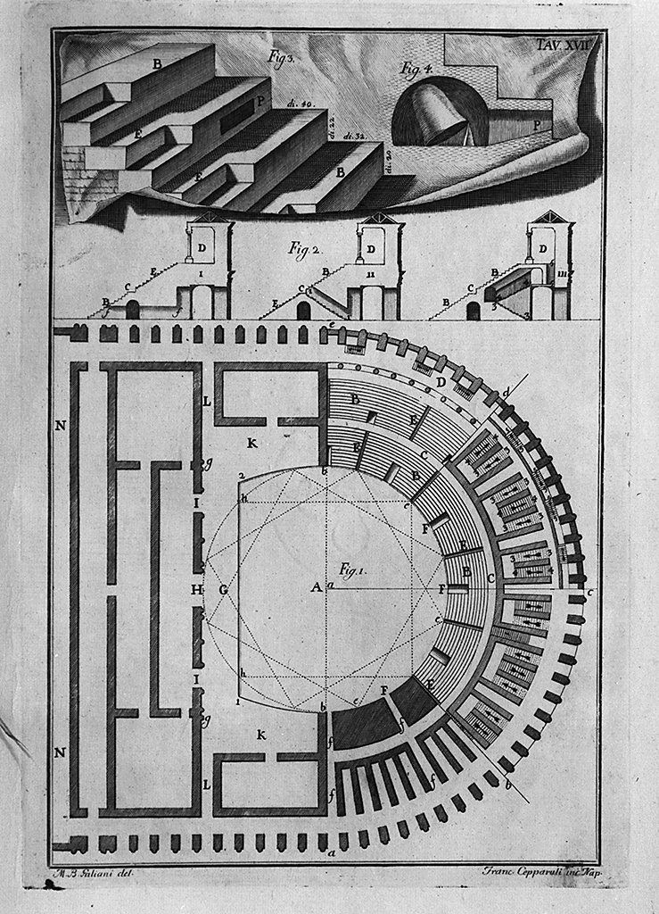 pianta di teatro greco (stampa, elemento d'insieme) di Cepparuli Francesco, Galiani Bernardo (sec. XVIII)