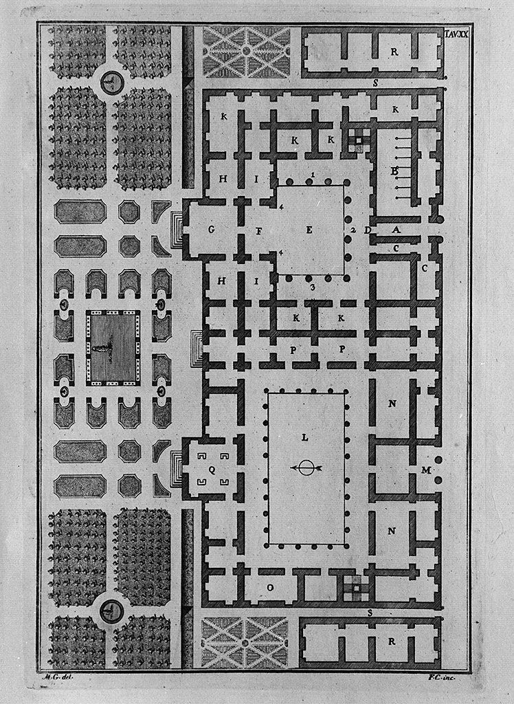 pianta di casa greca con giardino (stampa, elemento d'insieme) di Cepparuli Francesco, Galiani Bernardo (sec. XVIII)