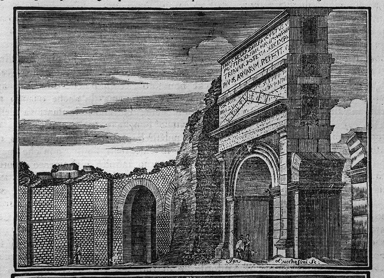 rovine del castello delle Acque Claudie (stampa, elemento d'insieme) di Lucchesini Ignazio (sec. XVIII)