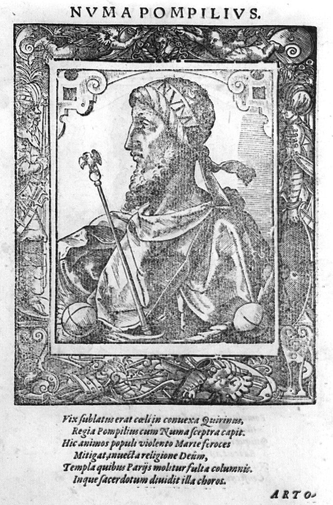 busto di profilo di Numa Pompilio (stampa, stampa composita) di Stimmer Tobias (sec. XVI, sec. XVI)