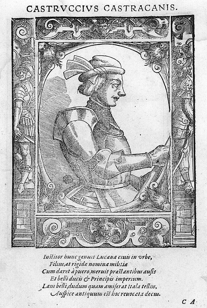 busto di profilo di Castruccio Castracani (stampa, stampa composita) di Stimmer Tobias (sec. XVI, sec. XVI)