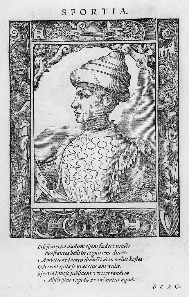 busto di profilo di Muzio Attendolo detto "Sforza" (stampa, stampa composita) di Stimmer Tobias (sec. XVI)