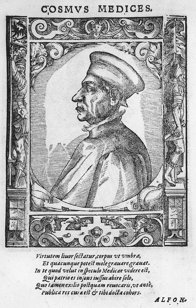 busto di profilo di Cosimo dè Medici detto il Vecchio (stampa, stampa composita) di Stimmer Tobias (sec. XVI, sec. XVI)