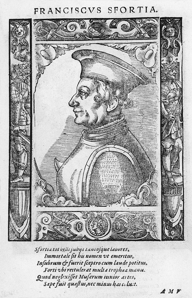 busto di profilo di Francesco Sforza (stampa, stampa composita) di Stimmer Tobias (sec. XVI, sec. XVI)