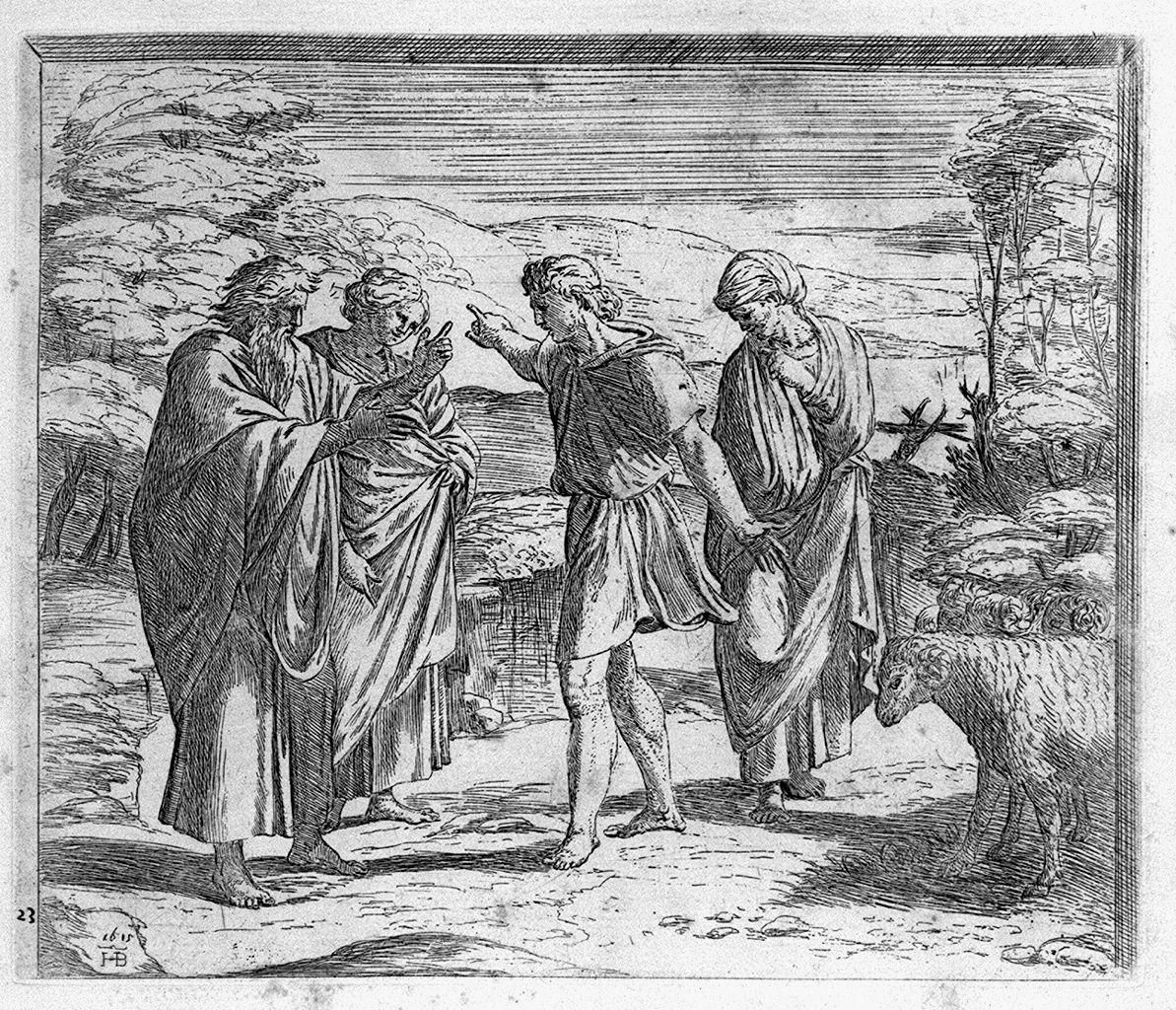 riconciliazione di Giacobbe e Labano (stampa, elemento d'insieme) di Borgianni Orazio, Sanzio Raffaello (sec. XVII)