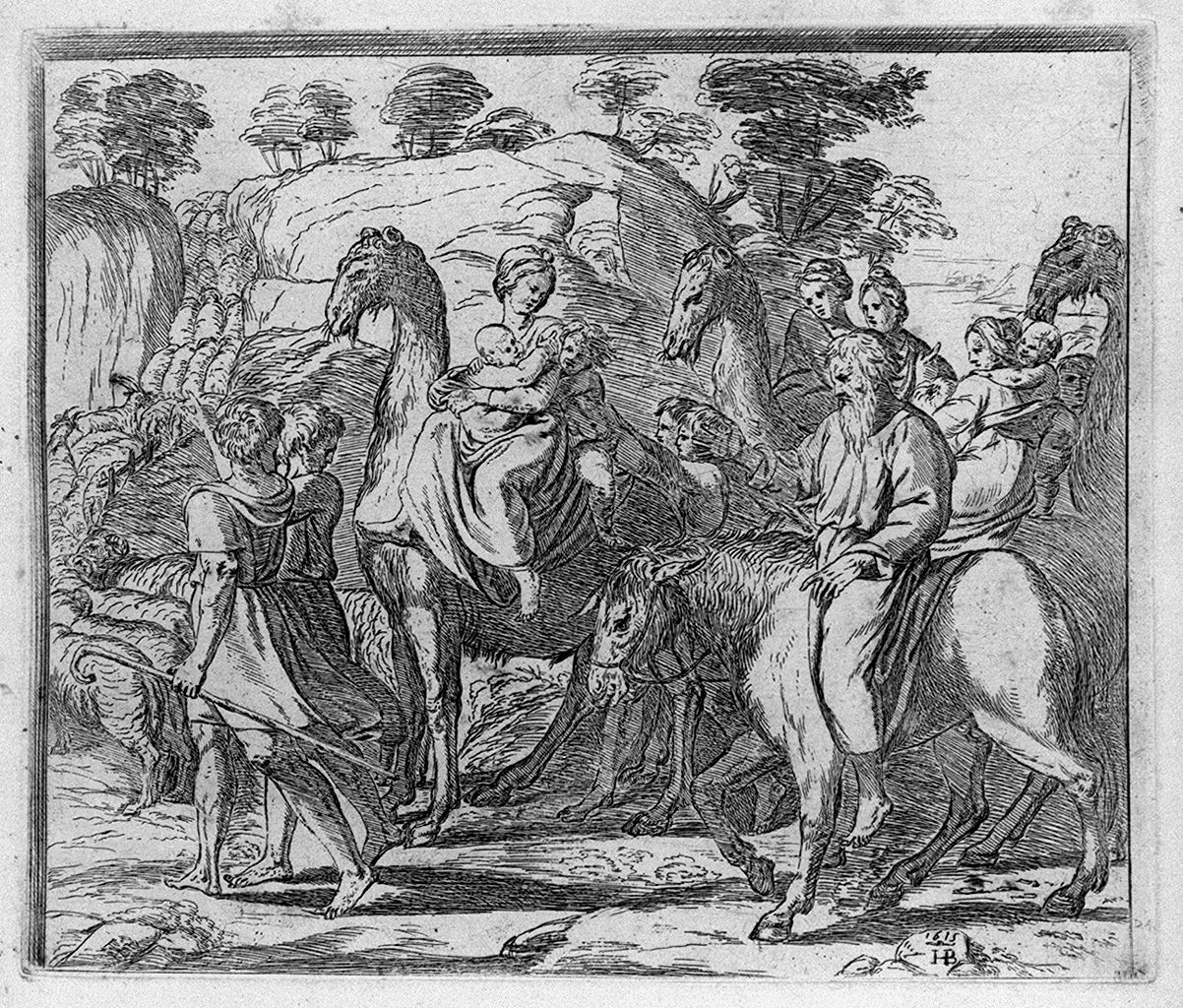 Giacobbe e la sua famiglia si recano in Egitto (stampa, elemento d'insieme) di Borgianni Orazio, Sanzio Raffaello (sec. XVII)