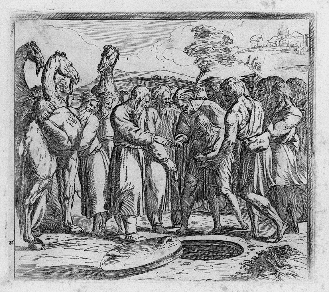 Giuseppe venduto dai fratelli (stampa, elemento d'insieme) di Borgianni Orazio, Sanzio Raffaello (sec. XVII)