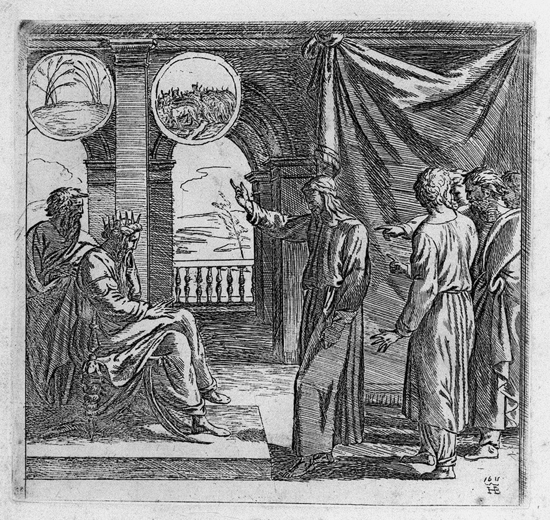 Giuseppe interpreta i sogni del faraone (stampa, elemento d'insieme) di Borgianni Orazio, Sanzio Raffaello (sec. XVII)