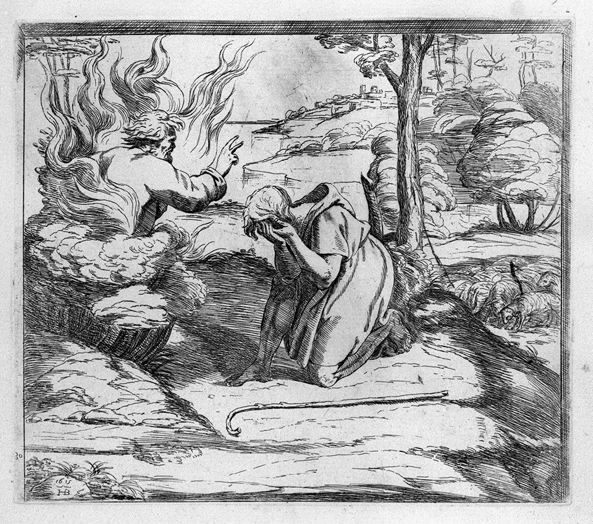 Mosè e il roveto ardente (stampa, elemento d'insieme) di Borgianni Orazio, Sanzio Raffaello (sec. XVII)