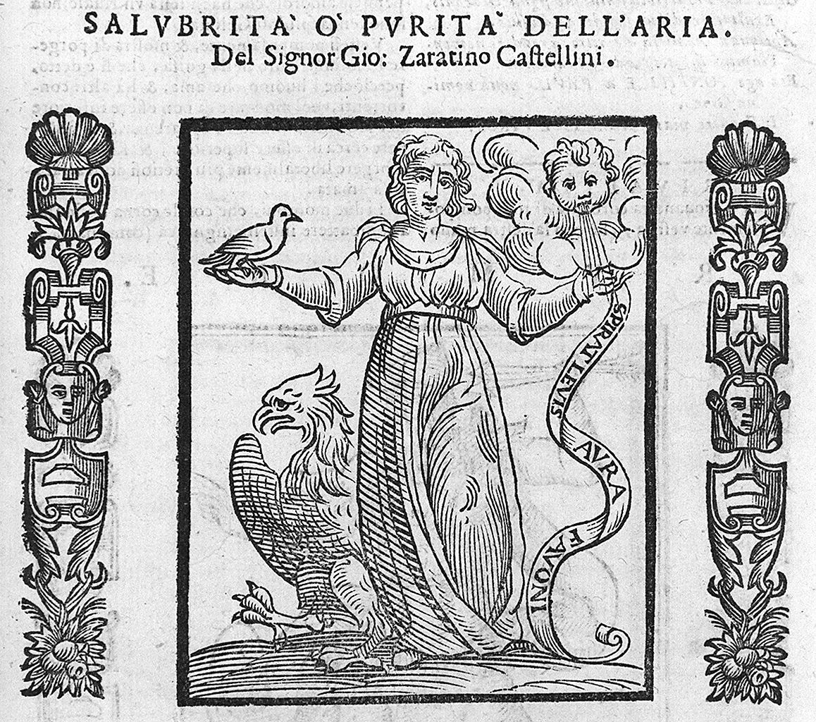 figura femminile che sorregge una colomba affiancata da Zefiro e da un'aquila (stampa, elemento d'insieme) - ambito veneto (sec. XVII, sec. XVII)