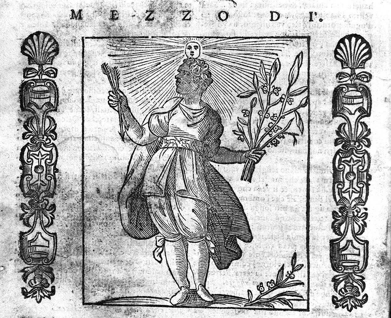 giovane moro con testa sormontata da sole sorregge due frecce e un ramoscello (stampa, elemento d'insieme) - ambito veneto (sec. XVII, sec. XVII)