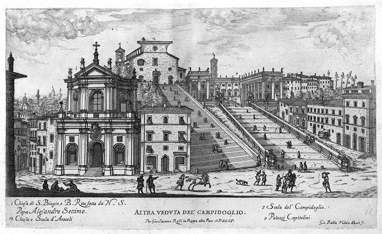 veduta di piazza del Campidoglio a Roma (stampa smarginata, elemento d'insieme) di Falda Giovan Battista (sec. XVII)