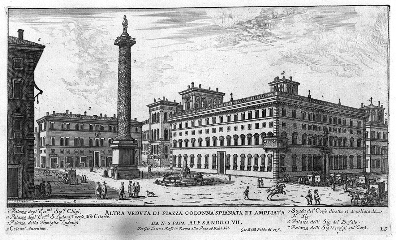 veduta di piazza Colonna a Roma (stampa smarginata, elemento d'insieme) di Falda Giovan Battista (sec. XVII)