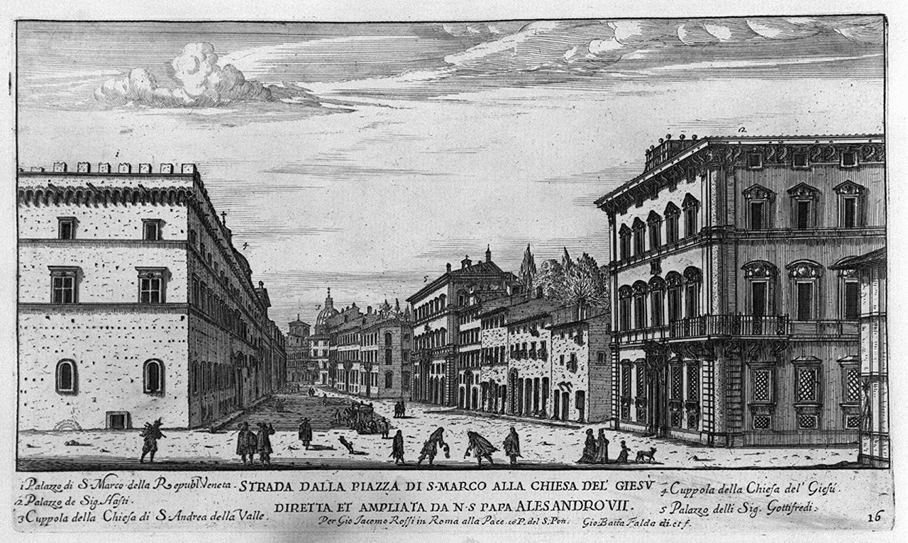 veduta di via del Plebiscito a Roma (stampa smarginata, elemento d'insieme) di Falda Giovan Battista (sec. XVII)