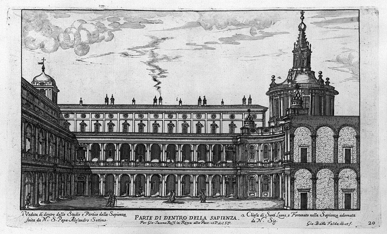 veduta del cortile del palazzo della Sapienza a Roma (stampa smarginata, elemento d'insieme) di Falda Giovan Battista (sec. XVII)