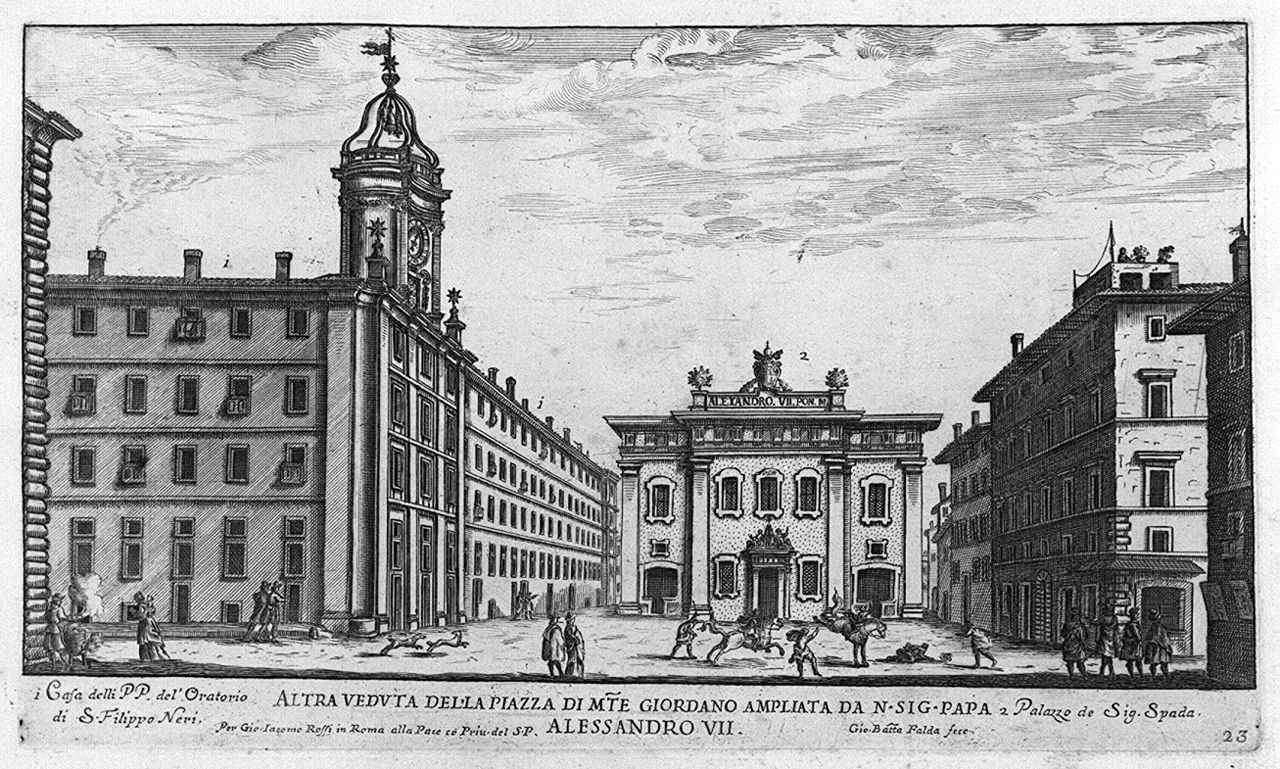 veduta della piazza di Monte Giordano a Roma (stampa smarginata, elemento d'insieme) di Falda Giovan Battista (sec. XVII)