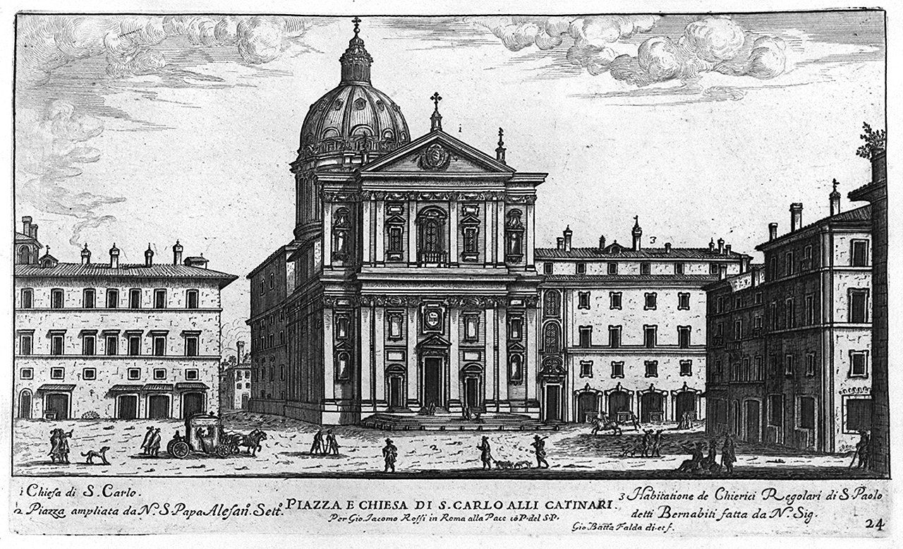 veduta della piazza e della chiesa di San Carlo ai Catinari a Roma (stampa smarginata, elemento d'insieme) di Falda Giovan Battista (sec. XVII)
