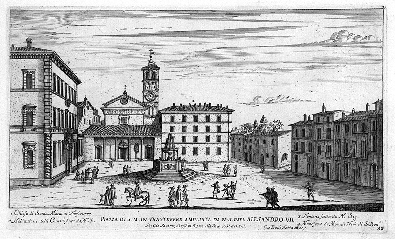 veduta della chiesa e della piazza di Santa Maria in Trastevere a Roma (stampa smarginata, elemento d'insieme) di Falda Giovan Battista (sec. XVII)