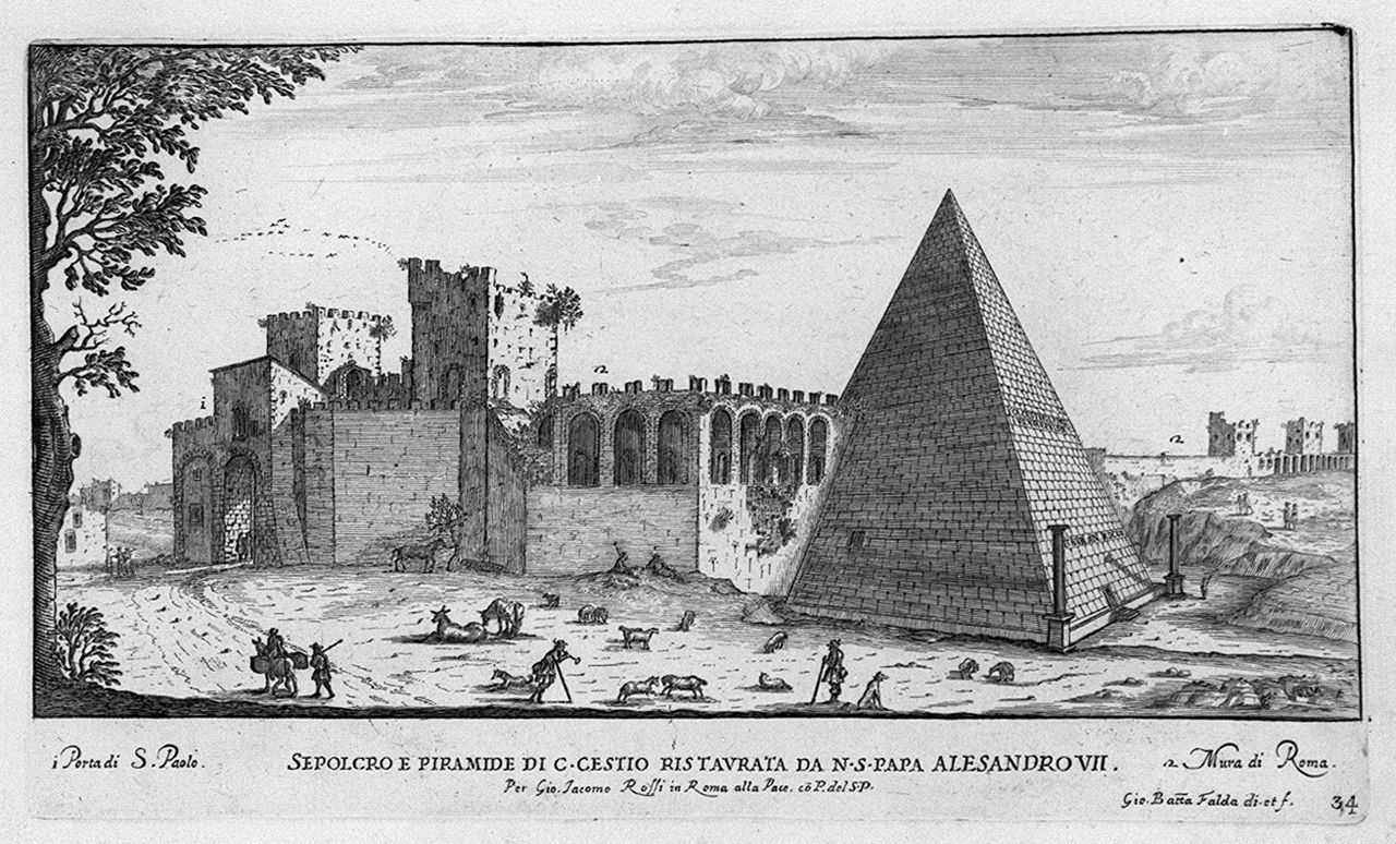 veduta della piramide di Caio Cestio a Roma (stampa smarginata, elemento d'insieme) di Falda Giovan Battista (sec. XVII)