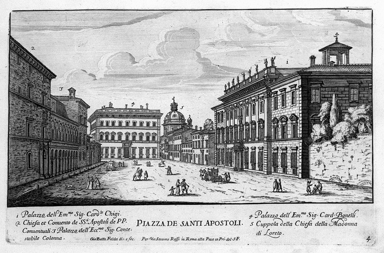 veduta di piazza Santi Apostoli a Roma (stampa smarginata, elemento d'insieme) di Falda Giovan Battista (sec. XVII)