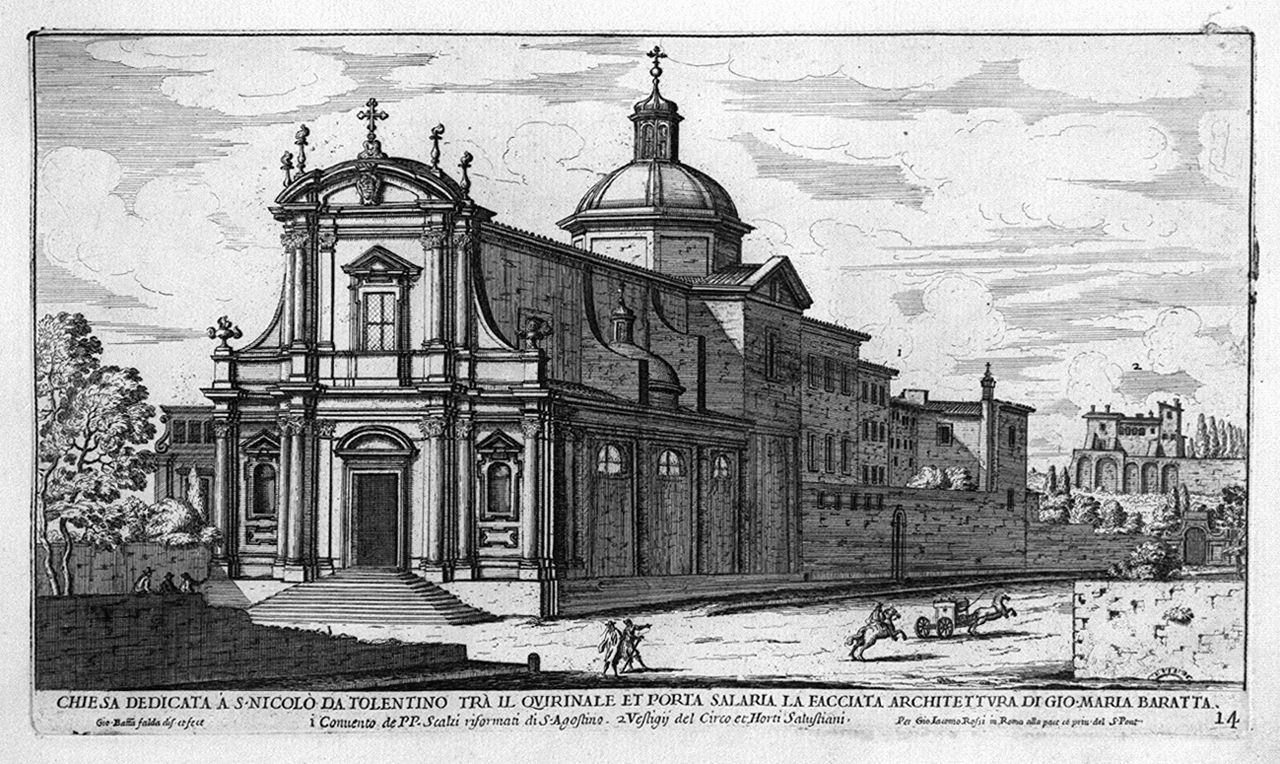 veduta della chiesa di San Nicola da Tolentino a Roma (stampa smarginata, elemento d'insieme) di Falda Giovan Battista (sec. XVII)